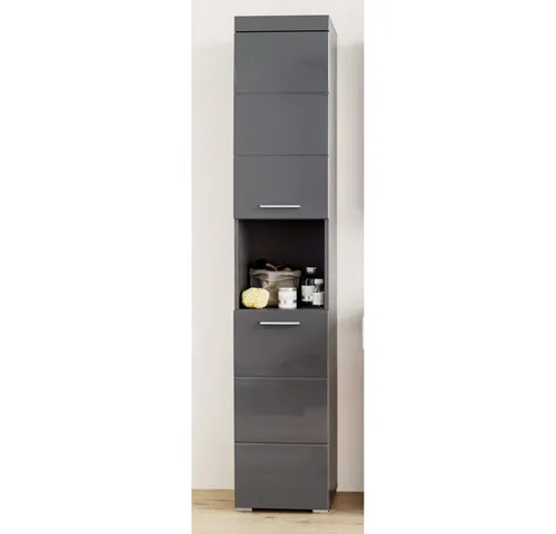 Lomadox Hochschrank ALTENA-19 in Grau Hochglanz - Eleganter Badschrank mit 37 cm Breite und 190 cm Höhe. Ideal für stilvolle Badezimmer mit durchdachtem Stauraum und silberfarbenen Griffen.