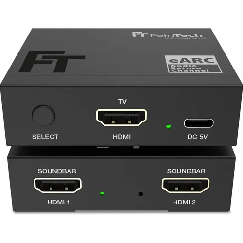 FeinTech AX421 HDMI eARC Audio Switch - Soundbar Adapter für die flexible Audio-Umschaltung zwischen 2 Soundsystemen, inklusive automatischer Umschaltung und Lautstärkesteuerung über TV-Fernbedienung.