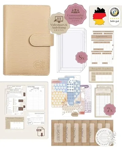 BeginnerBudget® Budget Planner Deutsch - Starterset mit Sparchallenge Budgetplaner - Sparen mit Umschlagmethode + Anleitung - Ringbuch A6 - Binder A6 Gecko-Style (Beige)