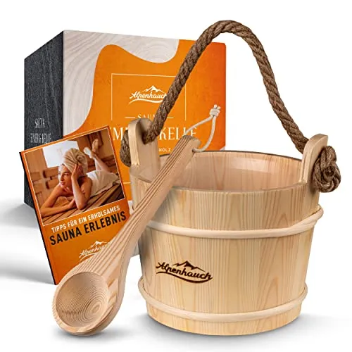 ALPENHAUCH Sauna Eimer mit Kelle - 100% Naturholz, edles Design mit Hanftrageseil, inkl. praktisches Sauna Büchlein für das perfekte Saunaerlebnis