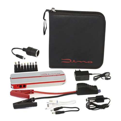 Dino Kraftpaket Starthilfe Ladegerät Jumpstarter Power Bank 18.000mAh 600A - Multifunktions-Starthilfe für PKW, Boote & Motorräder mit 18.000mAh. Ideal für Diesel- und Benzinmotoren bis 8.0 Liter. Inklusive 12V-Ausgang für Zubehör und LED-Lampe mit 3 Funktionen.