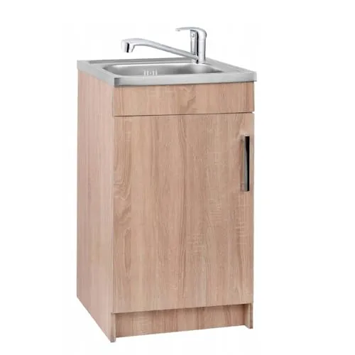 Stamar Küchenschrank Sonoma 50 cm mit Spüle und Armatur - Küchenunterschrank mit eleganter Sonoma-Eichenfront, inklusive Edelstahlspüle und flexibler Armatur. Ideal für kleine Küchen, bietet Funktionalität und stilvolles Design.
