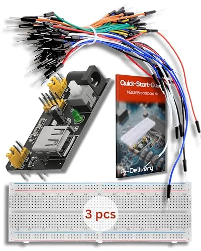 AZDelivery 5 x MB 102 Breadboard Kit - 830 Breadboard, Netzteil Adapter 3,3V 5V, 65Stk Steckbrücken kompatibel mit Arduino inklusive Ebook!