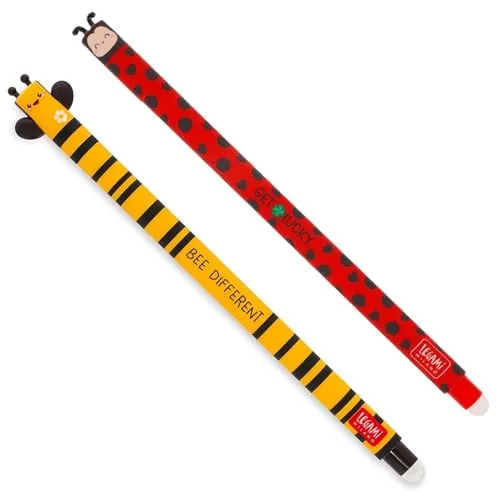 LEGAMI - Set mit 2 Gel-Radierstiften, Motive Ladybug und Biene, Kugel am Ende zum Entfernen der Tinte, Schwarz, und Rot, Temperaturempfindlich, Spitzendurchmesser 0,7 mm (Summer Vibes)