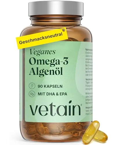 VETAIN Omega 3 Vegan - 90 Kapseln - 963 mg Algenöl pro Tagesdosis: 300 mg DHA + 150 mg EPA - Hochdosiert, ohne Carrageen & künstliche Zusätze - Geschmacksneutral - produziert in Deutschland