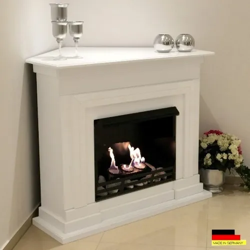 Ethanol und Gelkamin Eckkamin Saturn Deluxe Weiss - Eleganter Eckkamin aus Bioethanol, kein Schornstein notwendig, ideal für jeden Raum. Hochglanz Weiß mit 3 Schichten Lackierung, Made in Germany.