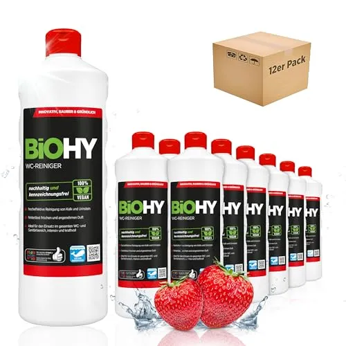 BiOHY WC-Reiniger (12 x 1 Liter) | Bio Toilettenreiniger mit frischem Schaum | EXTRA STARK | Badreiniger Gel wirkt effektiv gegen Kalk & Urin | säubert die Toilette blitzschnell