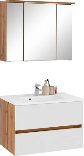 welltime Badmöbel-Set Lucca, 2-teilig mit LED-Beleuchtung - Modernes Badmöbel-Set »Lucca« von Welltime mit griffloser Optik, Mineralgussbecken und Spiegelschrank. Bietet optimalen Stauraum für Kosmetik und Badutensilien.