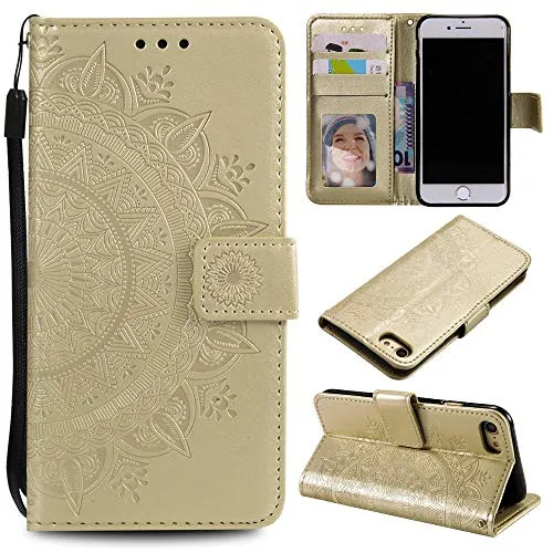 CoverKingz Handy Case kompatibel mit iPhone 7/8/SE [2020/2022] - Handy Cover mit Kartenfach Phonecase – Smartphone Hülle klappbar Motiv Mandala Gold
