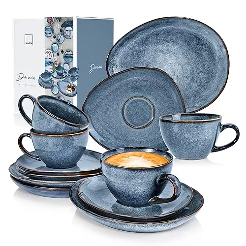 SÄNERG Kaffeeservice Darwin 12 tlg – Steingut Kaffee Set für 4 Personen - Bechersets mit einzigartiger blauer Oberfläche, spülmaschinenfest und ideal für ein stilvolles Kaffeekränzchen.