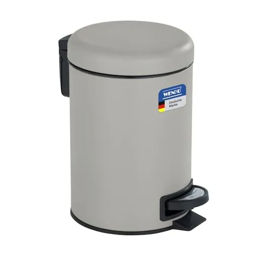 WENKO Kosmetikeimer 3 Liter, Stahl, herausnehmbarer Inneneimer mit Müllbeutelhalter, Mülleimer fürs Bad mit Deckel und Tretfunktion, ausklappbarer Tragegriff, Taupe matt, Mod. Leman