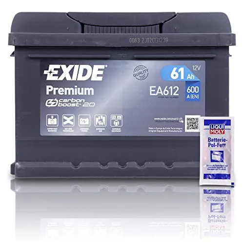 EXIDE 12V 61Ah Starterbatterie mit LIQUI MOLY Batteriefett - Hochleistungs-Starterbatterie mit 600A Kälteprüfstrom, ideal für PKWs. Inklusive hochwertigem Batteriefett für optimalen Schutz und Leistung.