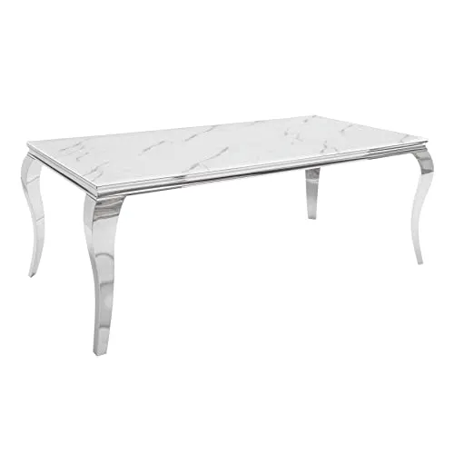 invicta INTERIOR Eleganter Esstisch MODERN BAROCK 200cm - Esszimmertisch mit edler Marmoroptik, robuste Glasplatte und stilvolle Edelstahlbeine für einen extravaganten Look in Ihrem Zuhause.