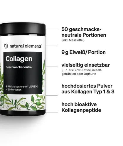 Collagen Pulver NATURAL ELEMENTS - Nahrungsergänzungsmittel mit hochwertigem Collagen, neutralem Geschmack und idealer Dosierung von 10g pro Tag für gesunde Haut und Gelenke.