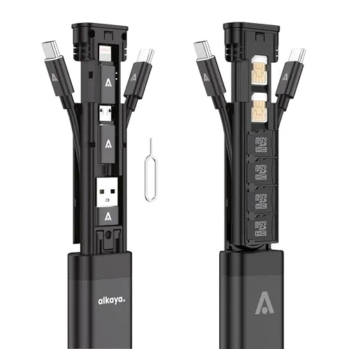 Alkaya travel Adapter kit - Aluminium Gehäuse mit USB-C Kabel und Adapter Connectoren für alle Anschlüsse (USB-A, Lightning, Micro-USB) | multifunktional | inklusive SIM-Karte Nadel | Schwarz