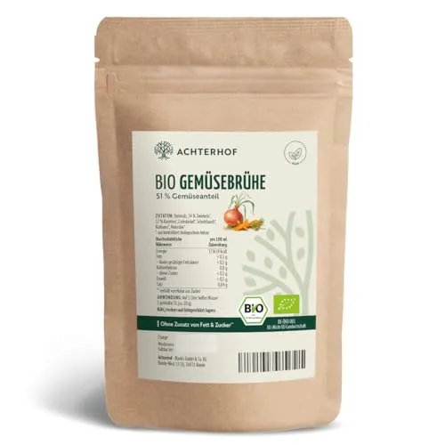 Gemüsebrühe Bio 500g | salzarm mit nur 1 Gramm Salz | 51% Gemüseanteil | ohne Schnickschnack: ohne Hefeextrakt, Laktose & weitere Zusatzstoffe | keinerlei künstliche Zusatzstoffe | Achterhof