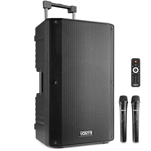 Vonyx VSA700 Partybox Bluetooth Lautsprecher 1000W - PA Komplettset mit 8 Std Akku und 2 UHF Handmikrofonen, ideal für Partys und Karaoke, transportabel und leistungsstark mit Bluetooth 5.0 für beste Streaming-Qualität.