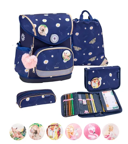 Belmil Premium Compact Plus Daisy Schulranzen-Set 5-tlg - Blau - Schulranzen-Set für die 4. Klasse, ergonomisches Design mit Fidlock Magnetverschluss, höhenverstellbar, leicht und aus wasserdichtem Polyester. Ideal für gesunde Rückenhaltung und optimale Organisation.