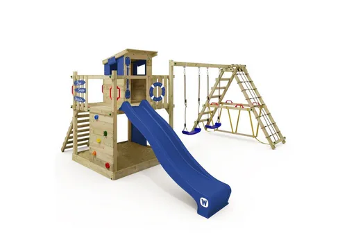 Wickey Spielturm Smart Surf – Abenteuer-Stelzenhaus mit Schaukel & Rutsche - Schaukeln mit Wellenrutsche und Kletteranbau, 10 Jahre Garantie auf Holzelemente, perfekt für kleine Abenteurer ab 3 Jahren.