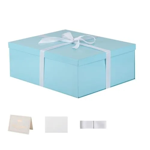 KdmNzoo Geschenkbox mit Deckel 42 x 32 x 15.5 cm groß xxl, Geschenkbox mit Schleifen, Grußkarten, Raffia Hamper Shreds für Blau
