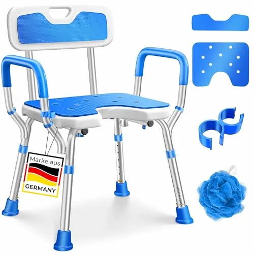 KESSER Badhocker Duschhocker mit Lehne - Höhenverstellbarer Duschstuhl für Senioren und Schwangere, mit Brausehalterung und rutschfesten Füßen, bis 150 kg belastbar.