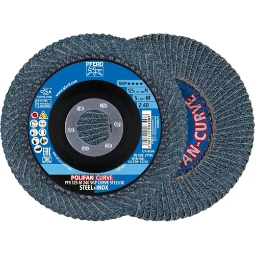 PFERD TOOLS Fächerscheibe POLIFAN CURVE 2 Stück | Ø 125 mm, Breite M (11 mm), Z40, SGP STEELOX | 69398197 für die präzise Kehlnahtbearbeitung,Steel, zirconia corundum, for angle grinders
