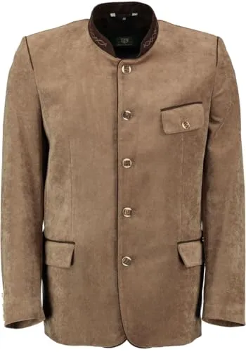 OS Trachten Herren Trachtensakko Janker mit Stehkragen Qveyar, Größe 54, hellbraun - Elegantes Trachtensakko im Regular Fit mit 3 Pattentaschen und stilvoller Stickerei am Stehkragen. Ideal für festliche Anlässe und die traditionelle Trachtenmode.