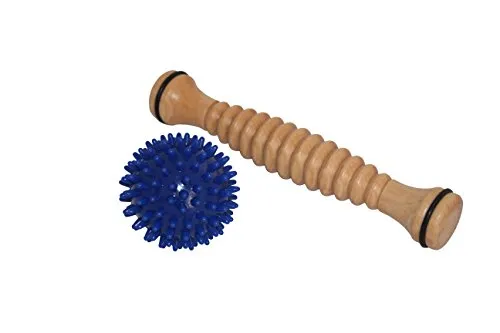 Fußmassagerolle Fußreflexzonen Massage aus Holz gerieft mit Igelball