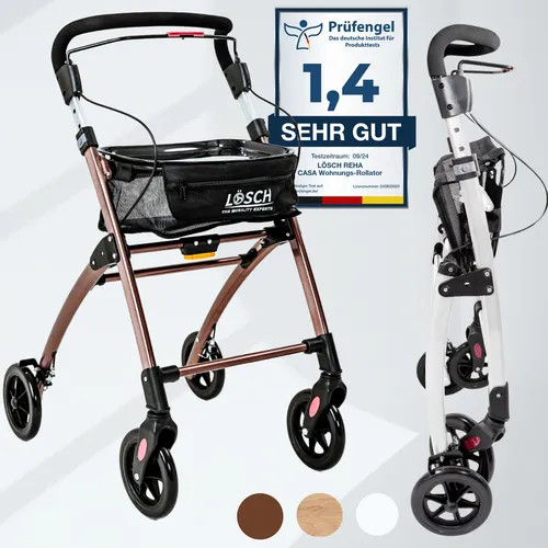Casa Soft Braun Rollator - Faltbar & Leicht für Wohnung - Rollator für Innenbereich, 5-fach höhenverstellbar und mit geräuscharmen PU-Rädern für sicheren Gang und elegantes Design. Ideal für schmale Räume und multifunktional einsetzbar.