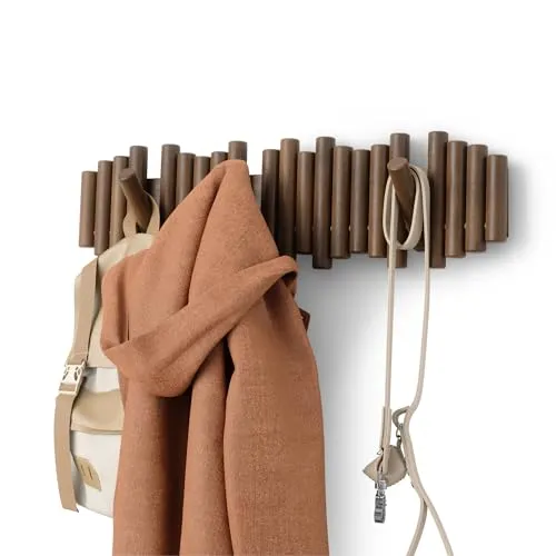 Umbra Picket 8 Hook Aged Walnut - Moderne Wandgarderobe aus hochwertigem Kiefernholz mit 8 klappbaren Haken – ideal für stilvolle Organisation und elegantes Wohndekor.