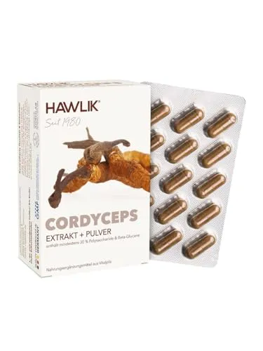 HAWLIK Vitalpilze Cordyceps Sinensis CS-4 Extrakt+Pulver - 60 Kapseln im Blister - Mit Vitamin C - Kombination aus Extrakt & Pulver - Vegan