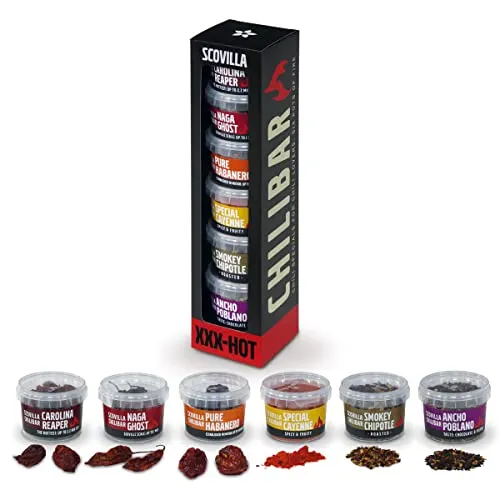 Scovilla Chilibar XXX-HOT: 6 handverlesene Chili Sorten - Würzsaucen mit 6 extrem scharfen Chili-Sorten in wiederverschließbaren Aromabechern – perfekt für alle Chili-Liebhaber, die das Feuer lieben!
