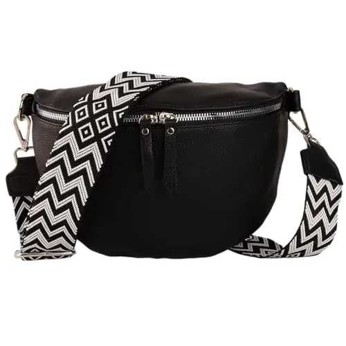 MIRROSI® Bauchtasche Damen aus Veganleder - Bohemian Style (Schwarz) - Mode-Hüfttaschen mit breitem Schultergurt und passendem Schlüsselband, ideal für vielseitige Tragemöglichkeiten und hochwertige Verarbeitung.