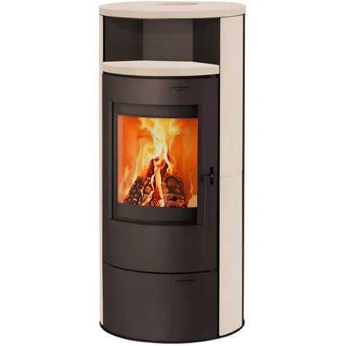 Kaminofen München V3 - 7kW Speicherofen mit Panoramatür, energieeffizienter Dauerbrandofen aus Speckstein in creme weiß