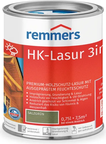Remmers HK-Lasur 3in1 salzgrün, 0,75 Liter - Premium Holzlasur für außen, vereint Imprägnierung, Grundierung & Lasur in einem Produkt. Bietet exzellenten Schutz vor Feuchtigkeit & UV-Strahlung, ideal für Zäune, Carports und Gartenhäuser.
