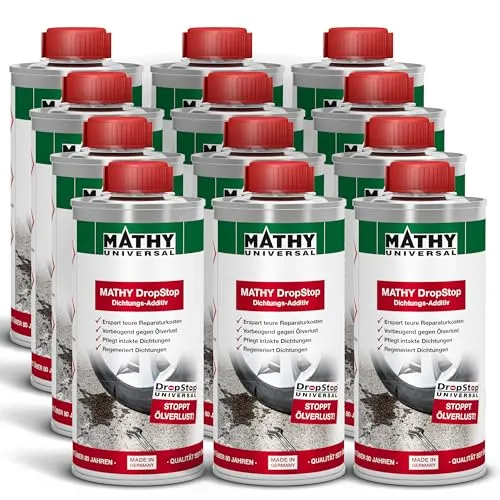 MATHY-DropStop Dichtungs-Additiv (12x250 ml) - Öl-Additiv zur Reduzierung von Ölverlust - Effizientes Dichtungs-Additiv für Motoren und Getriebe. Es regeneriert Dichtungen und sorgt für zuverlässige Leistung. Einfache Anwendung im Mischverhältnis 1:16. Perfekt für Fahrzeuge älter als 5 Jahre.