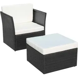 vidaXL Gartensessel mit Fußhocker Poly Rattan Schwarz - Gartenmöbel-Set mit robustem PE-Rattan und pulverbeschichtetem Stahl, ideal für Innen- und Außenbereich. Hoher Sitzkomfort dank dicker, abnehmbarer Polster.