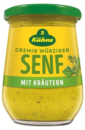Kühne Kräutersenf 250ml – Würzige Senfcreme - Kühne Kräutersenf 250ml vereint feine Kräuter und kräftigen Senf zu einer vielseitigen Senfcreme. Ideal für Fleisch, Fisch und Gemüse, bietet er eine cremige Textur und ausgewogene Würze für jeden Einsatz in der Küche.