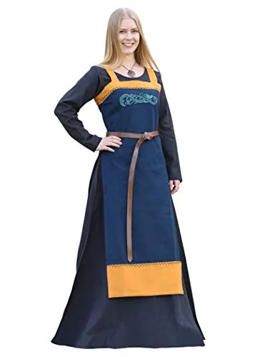 Battle-Merchant Wikinger Trägerkleid Hilja mit Stickerei | Mittelalterliches Schürzenkleid für Damen in Blau/Rot - Freizeitkleider für Damen, aus 100% Baumwolle, mit beeindruckender Drachen-Stickerei und ideal für Mittelaltermärkte oder LARP-Events.