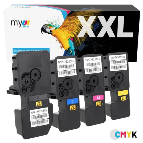 Toner x4 TK5230 CMYK für Kyocera EcoSys M5521CDN M5521CDW P5021CDN - Komplettset mit Tonern in Schwarz, Cyan, Magenta und Gelb. Ideal für den täglichen Bürobedarf, bietet zuverlässige Druckqualität und lange Lebensdauer.