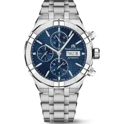Maurice Lacroix Aikon Automatic Chronograph AI6038-SS00F-430-C - Eleganter Zeitmesser in Blau und Silber - Chronograph mit 44mm Gehäuse, blaufarbigem Zifferblatt und hochwertigem Edelstahlarmband, inklusive zusätzlichem Lederarmband für vielseitigen Stil.