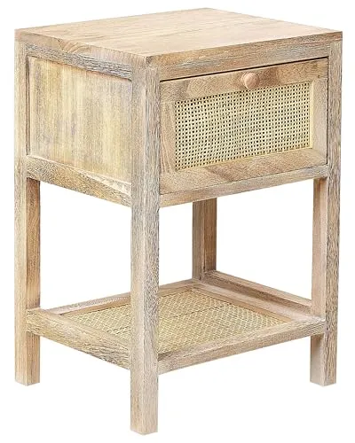 Beliani Nachttisch Rattan Paulowniaholz Hellbraun mit Schublade - Rustikaler Nachttisch im Boho-Stil aus robustem Paulowniaholz und natürlichem Rattan. Mit praktischer Schublade und offenem Fach für Bücher oder Deko. Sofort einsatzbereit, ideal für stilvolle Schlafzimmer.