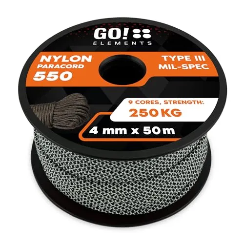 GO!elements Paracord 550 - 4mm Abspannleine - Camping-Zubehör, reißfeste Nylonschnur in Schwarz, ideal für Outdoor-Aktivitäten und vielseitige Anwendungen.