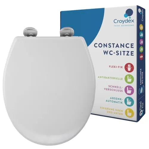 Croydex Constance Toilettendeckel mit Absenkautomatik – Flexi-Fix Einfache Installation – Schnellverschluss für einfache Reinigung – Antibakterieller Toilettensitz – Robuster Duroplast – Weiß
