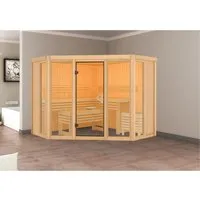 Karibu Sauna Anea 2 Natur - Massivholzsauna mit hervorragender Energieeffizienz durch 68 mm starke Wände und hochwertige Espenholz-Bänke für maximalen Komfort. Ideal für Ihr Zuhause!