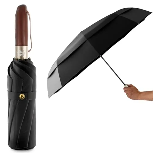 LOGAN & BARNES Premium Taschenschirm - Stilvoller, sturmfester Regenschirm mit Echtholzgriff - Taschenschirm mit Auf-zu-Automatik und sturmsicherer Konstruktion, ideal für jedes Wetter und perfekt für unterwegs.