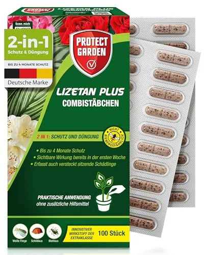 PROTECT GARDEN Lizetan Plus Combistäbchen - Schädlingsfrei & Premium-Dünger - Insektenabwehr mit Langzeitschutz bis zu 4 Monaten, bekämpft effektiv Schädlinge und versorgt Pflanzen mit wichtigen Nährstoffen für satt-grüne Blätter und mehr Blüten.