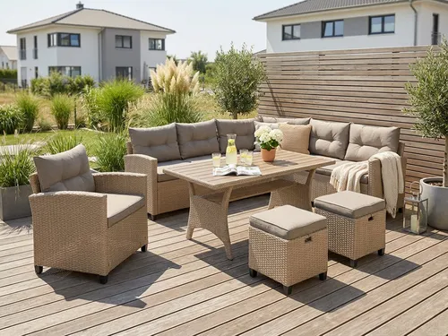 KONIFERA Gartenlounge-Set Keros Premium, 20-tlg. für 8 Personen - Garten-Lounge-Set aus Polyrattan und Stahl, ideal für gesellige Abende im Freien mit 8 Sitzplätzen und komfortablen Auflagen in beige meliert.