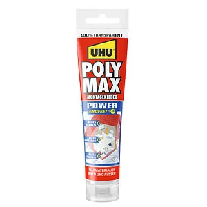 UHU POLY MAX POWER Montagekleber 115g - Transparent - Montagekleber mit sehr hoher Endfestigkeit, ideal für Innen- und Außenanwendungen. Temperaturbeständig von -40 °C bis +100 °C, wasserfest und auch auf leicht feuchten Oberflächen einsetzbar.