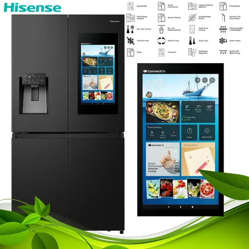 Hisense RQ760N4IFE Cross Door Kühl-Gefrierkombination - Kühlschrank mit Total NoFrost-Technologie für stets frische Lebensmittel, freistehend und modern in Schwarz, Energieeffizienzklasse E.